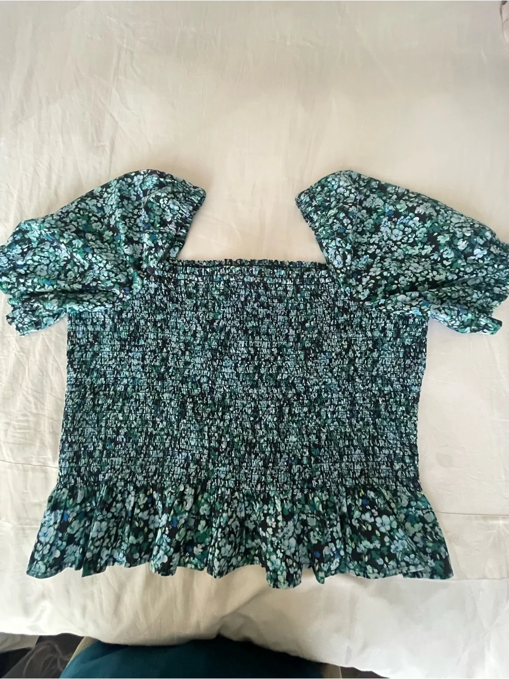 J. Crew Teal‎ and Black Smocked Square-Neck Puff Sleeve Blouse